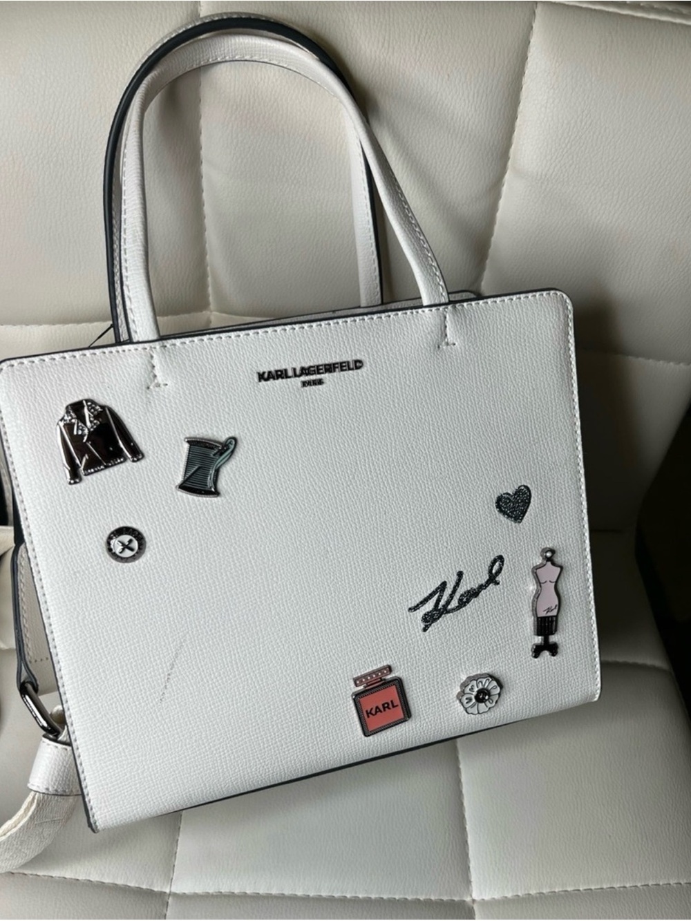 Karl Lagerfeld White Patch Satchel with Black Accents